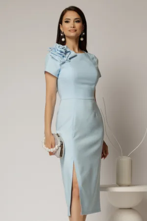 Rochie DY Fashion bleu midi conica cu crepeu si trandafir maxi la decolteu