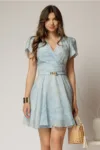 Rochie DY Fashion bleu scurta cu broderii florale si decolteu petrecut
