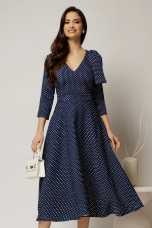 Rochie DY Fashion bleumarin cu buline albe si funda pe umar