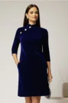 Rochie DY Fashion bleumarin din catifea fixa cu guler tunica si nasturi