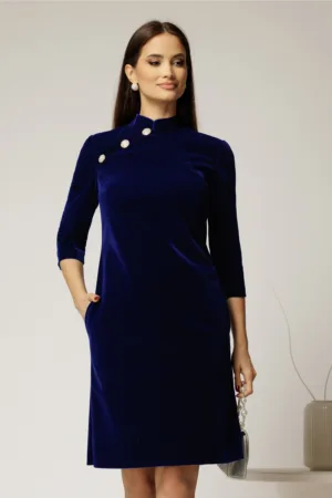 Rochie DY Fashion bleumarin din catifea fixa cu guler tunica si nasturi