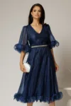 Rochie DY Fashion bleumarin din voal creponat cu volanase si decolteu in V