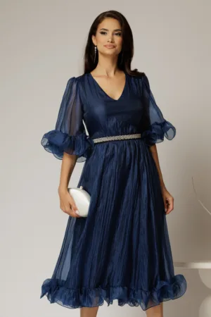 Rochie DY Fashion bleumarin din voal creponat cu volanase si decolteu in V