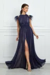 Rochie DY Fashion bleumarin lunga cu pene la umeri