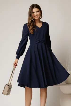 Rochie DY Fashion bleumarin midi cu funda in talie si decolteu V