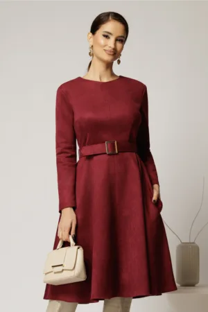 Rochie DY Fashion bordo clos din piele intoarsa si curea in talie