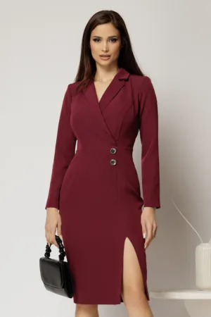 Rochie DY Fashion bordo conica tip sacou cu nasturi pe fusta
