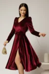 Rochie DY Fashion bordo din catifea cu decolteu in V si funda in talie