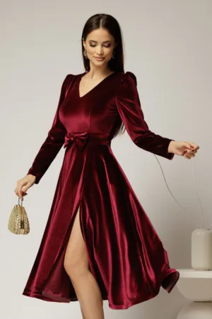 Rochie DY Fashion bordo din catifea cu decolteu in V si funda in talie
