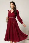 Rochie DY Fashion bordo din voal cu decolteu petrecut si curea in taIie