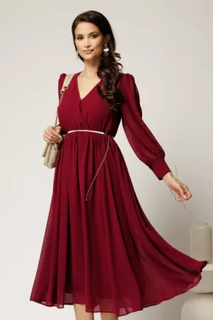 Rochie DY Fashion bordo din voal cu decolteu petrecut si curea in taIie