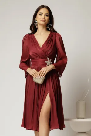 Rochie DY Fashion bordo din voal cu pelicula decolteu petrecut si detaliu pe talie