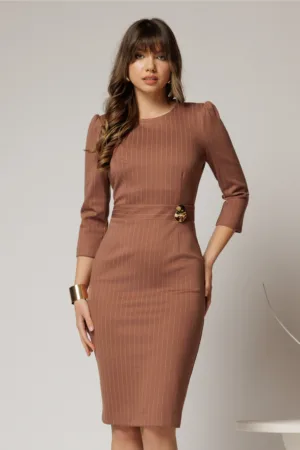 Rochie DY Fashion conica bej cu dungi si detaliu pe talie