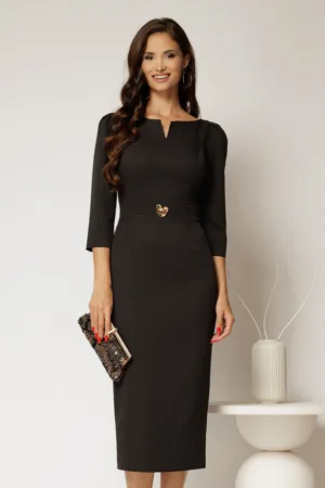 Rochie DY Fashion conica neagra cu decupaj la bust si accesoriu pe talie
