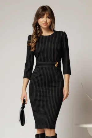 Rochie DY Fashion conica neagra cu dungi si detaliu pe talie