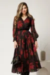 Rochie DY Fashion cu imprimeu bordo din voal cu decolteu petrecut
