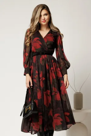 Rochie DY Fashion cu imprimeu bordo din voal cu decolteu petrecut
