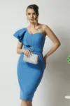 Rochie DY Fashion de ocazie din stofa albastra cu un umar gol si catarama in talie