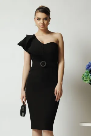 Rochie DY Fashion de ocazie din stofa neagra cu un umar gol si catarama in talie