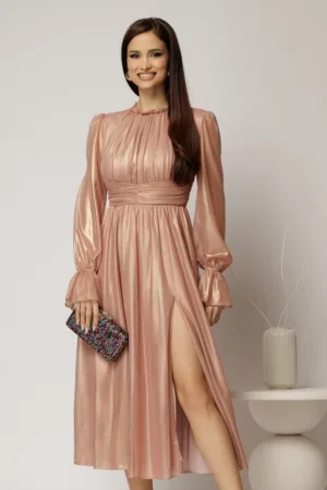 Rochie DY Fashion de ocazie roz sidefat din tull cu guler incretit