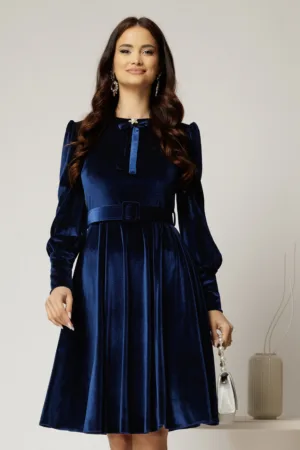 Rochie DY Fashion din catifea bleumarin cu funda si brosa la guler