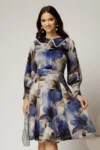Rochie DY Fashion din catifea cu print albastru si perle la guler