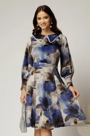 Rochie DY Fashion din catifea cu print albastru si perle la guler