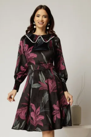 Rochie DY Fashion din catifea cu print magenta si perle la guler