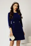 Rochie DY Fashion din catifea fixa albastra cu nasturi pe talie
