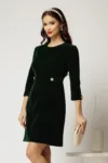 Rochie DY Fashion din catifea fixa verde cu nasturi pe talie