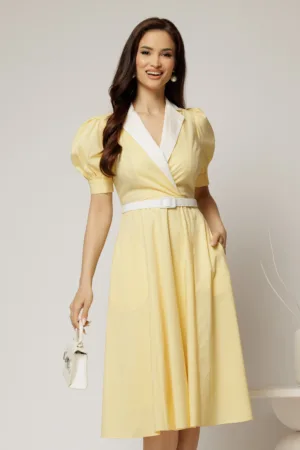 Rochie DY Fashion din poplin galben cu guler in contrast si curea in talie