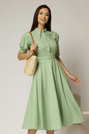 Rochie DY Fashion din poplin verde fistic cu guler dublu si nasture la guler