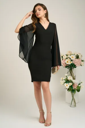 Rochie DY Fashion din stofa neagra cu maneci ample din voal