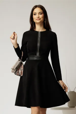 Rochie DY Fashion din stofa velur neagra cu fermoar metalic decorativ și inserții din piele