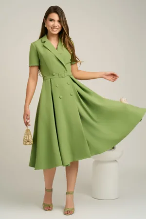 Rochie DY Fashion din stofa verde cu nasturi si curea in talie