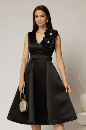 Rochie DY Fashion din tafta neagra cu floare ampla cu perla pe umar