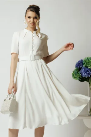 Rochie DY Fashion din triplu voal alba cu nasturi la bust si curea in talie