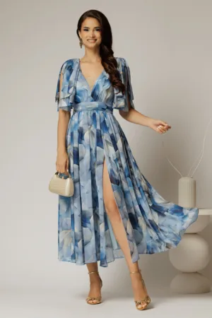 Rochie DY Fashion din voal creponat cu imprimeuri albastre si funde ample pe umeri
