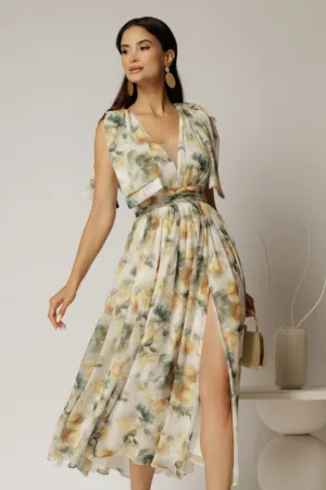 Rochie DY Fashion din voal creponat cu imprimeuri galbene si funde ample pe umeri