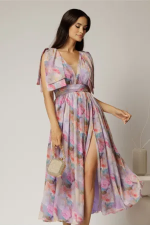 Rochie DY Fashion din voal creponat cu imprimeuri lila si funde ample pe umeri