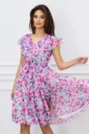 Rochie DY Fashion din voal cu imprimeuri florale fucsia si cordon in talie