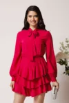 Rochie DY Fashion din voal fucsia scurta cu volane la baza