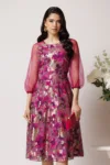 Rochie DY Fashion din voal lila cu imprimeuri florale si maneci din organza