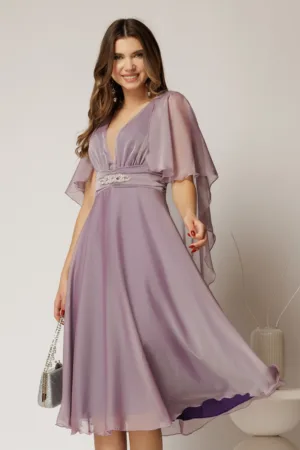 Rochie DY Fashion din voal lila in V capa si accesoriu in talie