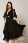 Rochie DY Fashion din voal negru in V capa si accesoriu in talie