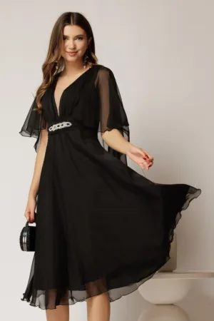 Rochie DY Fashion din voal negru in V capa si accesoriu in talie