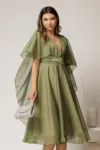Rochie DY Fashion din voal verde in V capa si accesoriu in talie