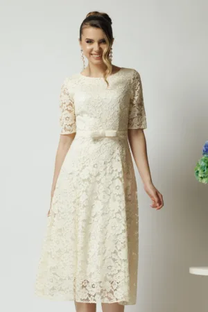 Rochie DY Fashion eleganta din dantela ivory cu maneci scurte