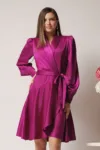 Rochie DY Fashion eleganta din satin magenta cu croi petrecut si cordon in talie