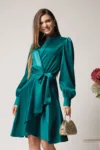 Rochie DY Fashion eleganta din satin verde cu croi petrecut si cordon in talie